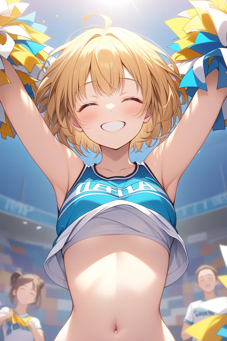 (masterpiece:1.3), (8K、best quality:1.4), (Best image quality, Intricate details, high resolution, Depth field, Natural light, Professional lighting), (1 girl), (Solitary), (Asian Girls, Very beautiful 18 year old comic girl), (Very beautiful woman、A charming and beautiful woman, 美しい銀髪のBob Cooter, 強い青いEye, 強いEyeのハイライト, Large breasts, Perfect anatomical structure, Dynamic Lighting, Lip Gloss), A beautiful face with perfect symmetry, Beautiful and delicate woman, Very nice facial details, とても美しい詳細なEye, Smile at the audience, Laughing happily, Beautiful Teeth, Beautiful Teeth alignment, Very detailed, Very detailed, Beautiful Teeth, Beautiful Teeth alignment, Very detailed, Very detailed, ((Detailed cheerleader:1.2)), The light shines on your face, ((Dynamic poses)), Bob Cooter, Cross Bangs, Asymmetrical bangs, Long Neck, Let me see your ears, disappear'Eye, Eyelash, Lovely, Large breasts、very beautiful and big, Very beautiful breast shape, Beautiful cleavage, Tall supermodel, Long-legged supermodel, 超级名模Dress up as a cheerleader, Strike a pose, Dress up as a cheerleader, woman closeup, to the camera, laughter, (Cheerleading costumes), ((scarf, Open-front sleeveless shirt, Flared skirt, mini skirt)), Young slim gravure idol, Young gravure idol, Young gravure idol, Stadium background during daytime