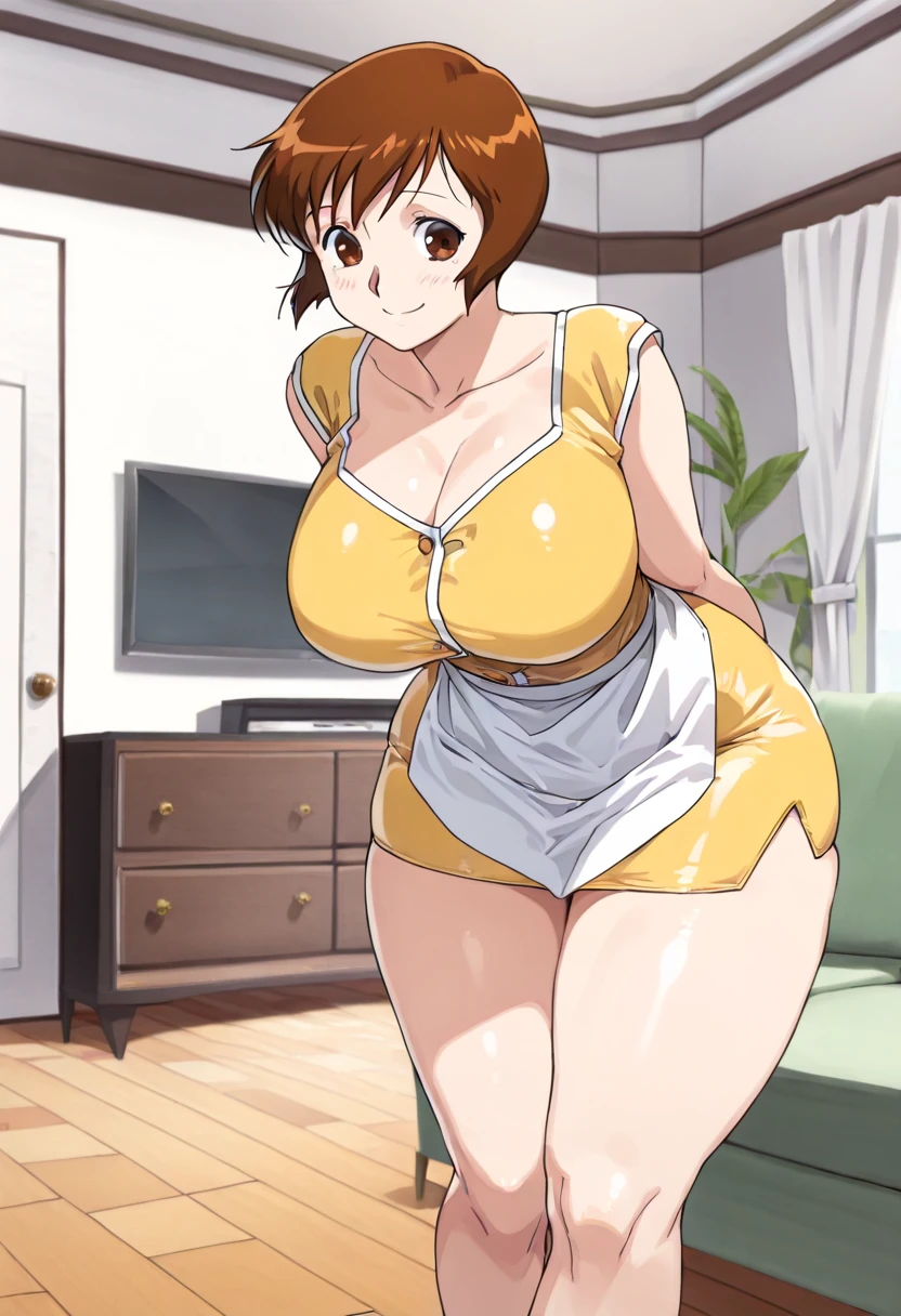 masterpiece, highest quality, High resolution, One girl, solo, sexual intercourse, Pornographic images, short hair, etsukoto, brown Eyes, fine grain, fine grain, (((Thick thighs, Plump thighs, Voluptuous thighs, Thighs alone are enough))), Huge and ample breasts, Cleavage, big long breasts, Naughty big,((big breasts are important))、((Naughty thighs)), L Cup, (thin:1.4),(Tight waist:1.4), (yellow micro dress:1.4), ((white waist apron)), smile, open mouth, blush, white panties, (((Simple Background))), ((Wide Hips)), Shiny, Oily skin, Mature mother, Calf, Seductive mature woman, milf, Perfect body, Plus Size Model, curvy, ample, etsukoto, blush, clavicle, retro artstyle, 1990s (style), (thick thighs:1.4), ((lying on bed)), spread legs, (((ass pov))),