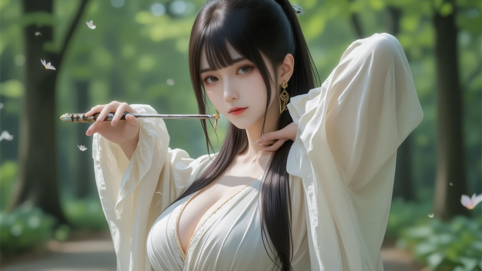 (masterpiece, best quality:1.2), 1 girl, alone,Two dimensions,amazing,Inspired by the myths and legends of Guilin, China:Liu Sanjie,A bust of a woman 白色的长发,black eyes, Peerless beauty,a woman, with a cloak on his head,elegant sitting posture,barefoot,, metal jewelry, Serious expression, attack action, hanfu, black clothes, icy look in the eye, loose hair, (ink smudges) beautiful figure painting, Clothing black and white ink style, Delicate complexion, watercolor, soft, martial arts style, ethnic style, Exquisite and beautiful face, girdle, sharp vision,black theme,The ferocious beast behind,(body movements,whole body,Correct human anatomy)