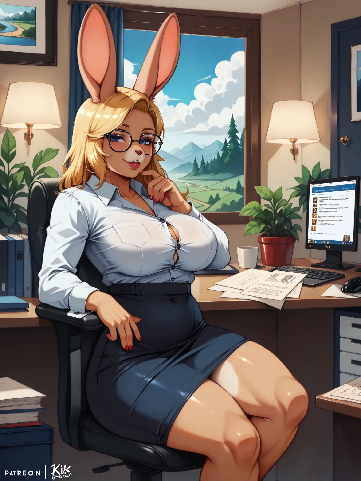 (masterpiece, center), amazing quality, very aesthetic, Absurds, highres, newer, HDR-10, 8K, cinematic, professional photo, a chic, Rabbit girl, animal ears, Blonde ears, Blonde tail, (((Captain Bokko))), wonder 3, amazing 3, black hair, white fur, big breasts, (Petite but curvaceous), alternative costumes, office lady, office suite, skirt, glasses, Alone , (((seductive expression))), (((neckline:1))), open-mouthed, motel, landscape, detailed background, subsurface dispersion, translucent, brilliant, SSS, ambient lighting, atmospheric haze , Illusp0s , (super quality:1.2)
