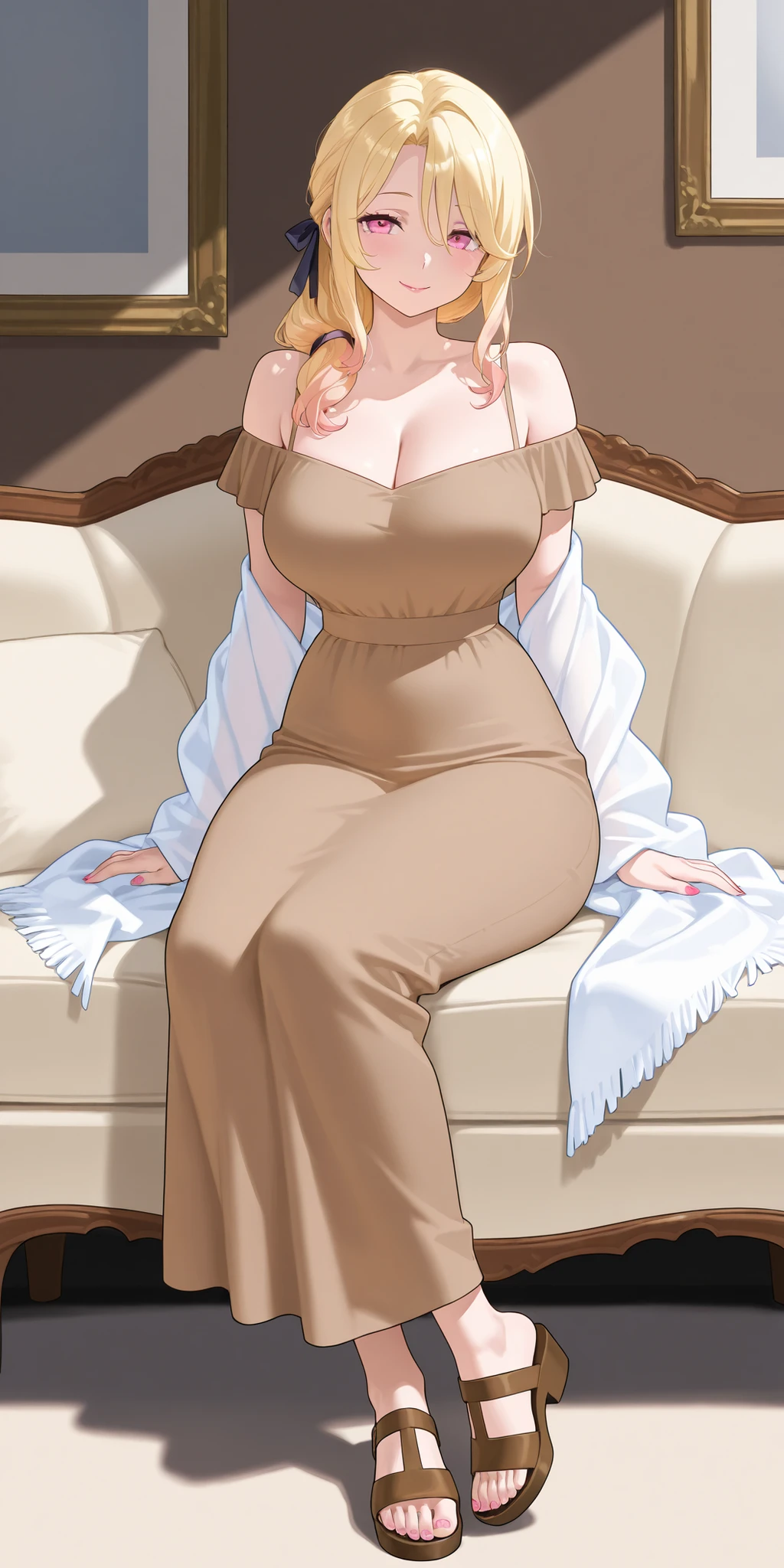 A mature extremely beautiful woman with blond hair, extremely fair white natural skin, big pink eyes, red plump glossy lips, pink nails, a small waist, and a perfect slim yet curvy body. She's only wearing a long ankle-length brown dress with spaghetti straps, a white thin shawl draped in an off-shoulder style, hair ribbon, a housewife hairstyle, and brown sandals. She's sitting on a couch, with a soft smile, and carrying her little daughter in her arms. Show her full body.