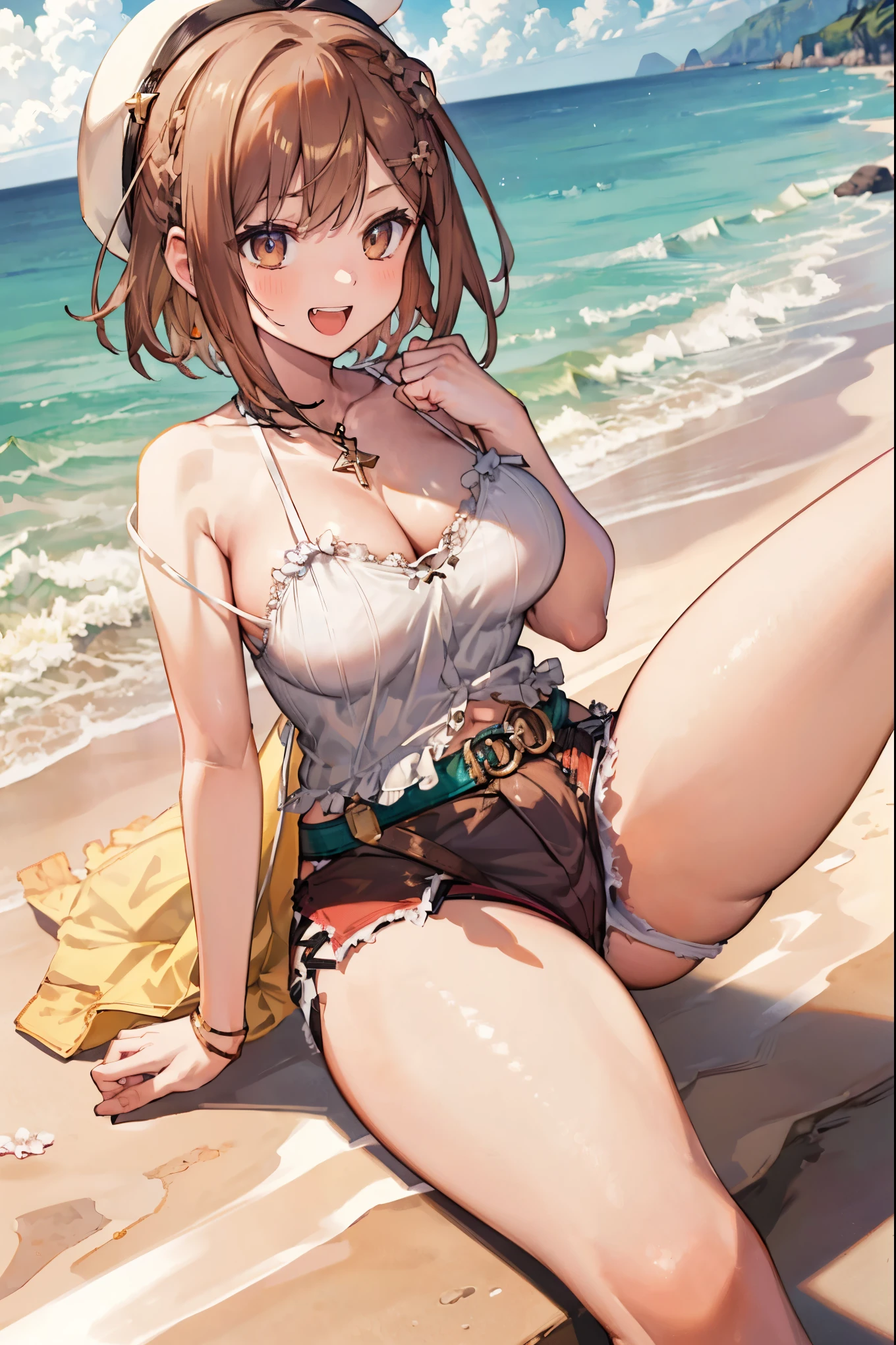 Cumulonimbus,Surrounded by water, reflection,Breathtakingly beautiful clouds,Light,Dazzling Light,Cinematic Light.The wind is blowing,Vast ocean,
White sand beach,Coconut Tree,Sparkling Splashes,
nsfw, bewitching pose,(((vulgarity))),Drooping water droplets, wet skin,smile,Open your mouth, embarrassed,
(Beautiful fine details:1.6), Highly detailed face, Highly detailed CG, (Perfect hands, Perfect Anatomy),{best illustration},
((Highest quality)), ((masterpiece)),High resolution,Sharp focus,(Highly detailed CG Unity 8k wallpaper),1girl,
(((Vibrant colors))), Perfect Face,Seductive eyes,Liza Lynn Stout, Raisalin Stout,
Big Ass,Big Breasts,glamorous_expensive_Tight waist_Long legs,curve,Thighs,curvy,
very shiny 肌,Shiny body,plastic glitter 肌,exaggerated shiny 肌,illuminated skin,
cute,Bold,short hair,Brown Hair,Knee socks,gloves, brown gloves, 片手gloves,レザー gloves,
White Hat, Star Necklace,hair ornaments, (Brown eyes:1.5), Hair Clip,
wearing slingshot swimsuit,
erection of nipple, pubic hair,Camel Toe,
cowboy shot, (put hands chest), spread legs, lie on one’s back,