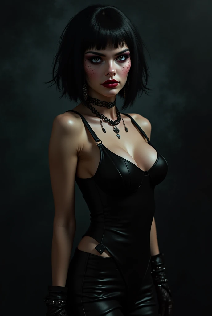 Beautiful dark short haircut blue eyes vampire gothic girl panties stockings high heels big lencería big butts sexy lingerie cape .arms on hips while several knives, swords and arrows remain stuck and sunk in his invulnerable body and a sword completely pierces it and his entire body is full of bullet holes