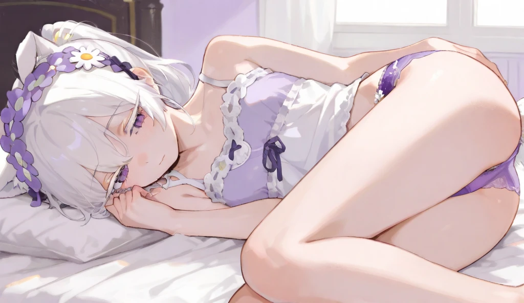 ,Highest quality,Silver Hair,Lion tail,Lion ears,Purple Eyes,Very short hair,Straight Hair,Flat breasts,Costume pajamas,Bedroom,On the bed,slender,Big cat stuffed animal