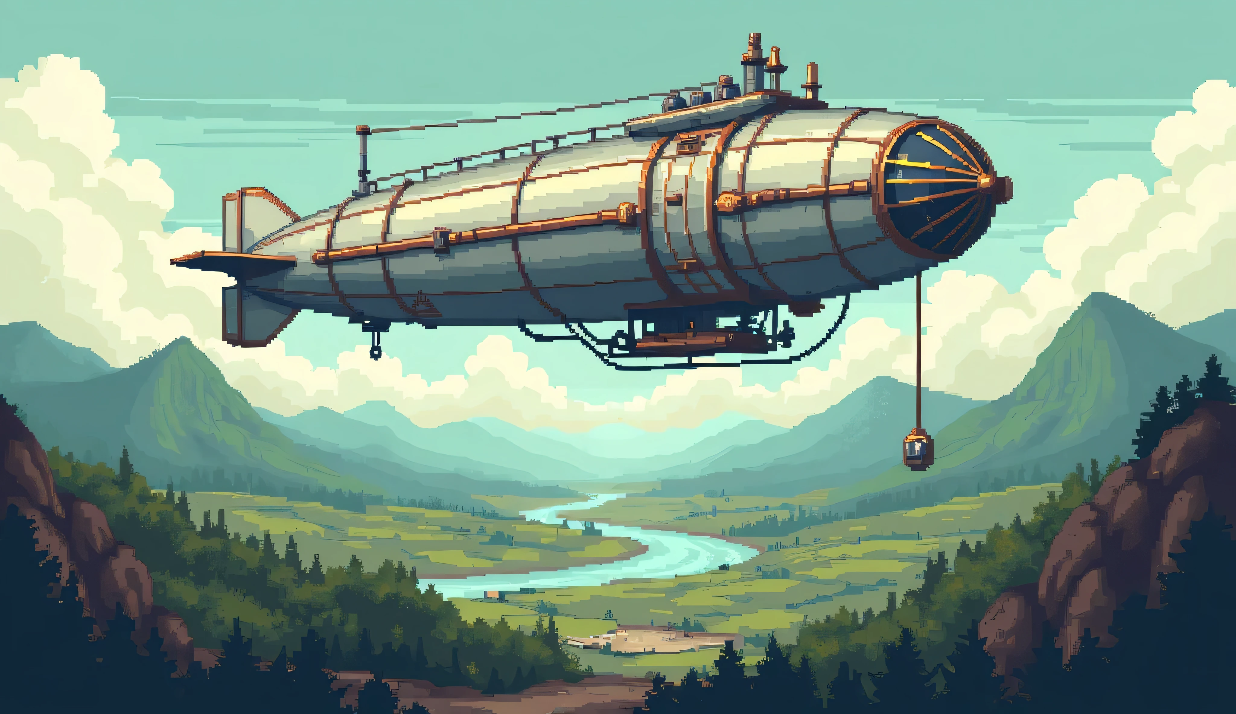 A pixel art scene of a beautiful steampunk landscape with flying blimb. The scene has a calm, serene atmosphere, with a nostalgic retro RPG aesthetic, detailed shading.