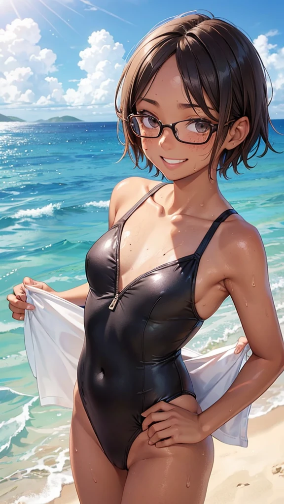 highest quality、Realistic、zoom、Chestnut Hair、Gray Eyes、short hair、Glasses、freckles、One piece swimsuit、Tanned black body、Tan、Brown Skin、boyish、slender、Sweat、smile、Ocean、