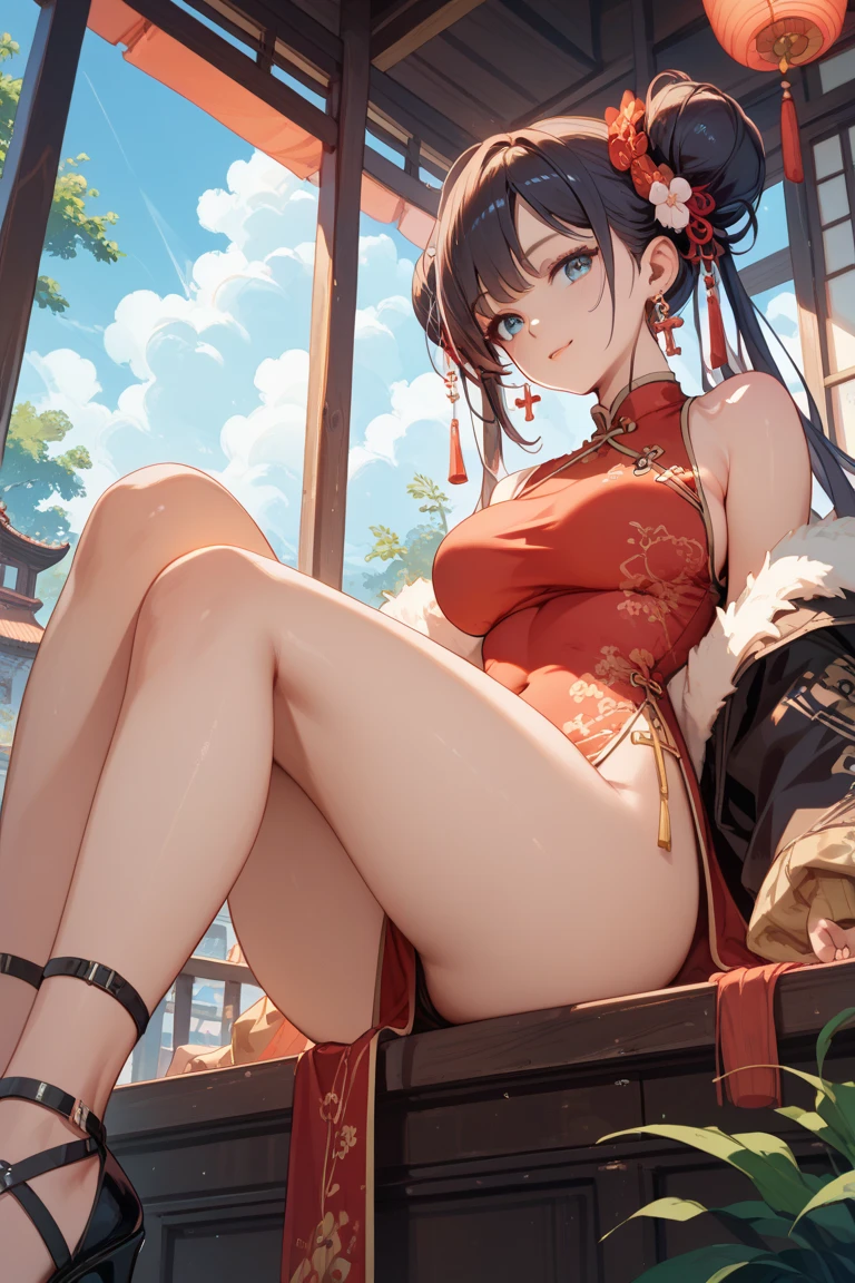 best quality, Very detailed, (actual), masterpiece, lifelike, actual Human Proportions, fantastic realism, perfect lighting, soft light, Natural light, Physically based rendering, Auto white balance, 4k,alone,NSFW,1 girl, (Meiyu Edelfeldt),Change,black hair,brown eyes,seductive smile,NSFW, barefoot, see through dress, Butterfly, Butterfly hair accessories, backless dress, Chinese clothes,sleeveless, twice as good,Golden dragon pattern,barefoot,,elbow gloves,bun, hair accessories,jewelry,earrings,Anklet,thin legs,nail polish, small breasts, alone, toenail polish, toe甲, toe, Double tail,outdoor,Chinese style architecture, Chinese style, lake, ancient town, Beautiful and detailed water,Red Lantern,fireworks,masterpiece, best quality,super detailed, Delicate face shape, nose, red lips, delicate eyes, (The iris and pupil are round, Students reflect on the environment, Eye sizes vary) Eyeliner, eyelash, smooth hair, Smooth skin, Posing for photos