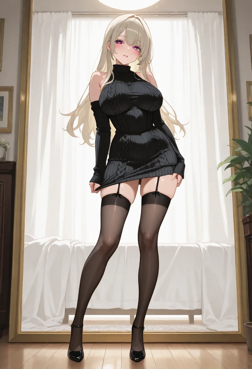 ((the best quality , Masterpiece artwork, (just 1 girl), hair blonde, Eyes red, symmetrical face, An extremely short dress with long sleeves, lift the dress, panties, looking to the down, leg focus, evil smile, Stick out your tongue, Young lady's serenity, breasts big, vapour, Solar rear lighting, Canon EOS 50mm Camera))