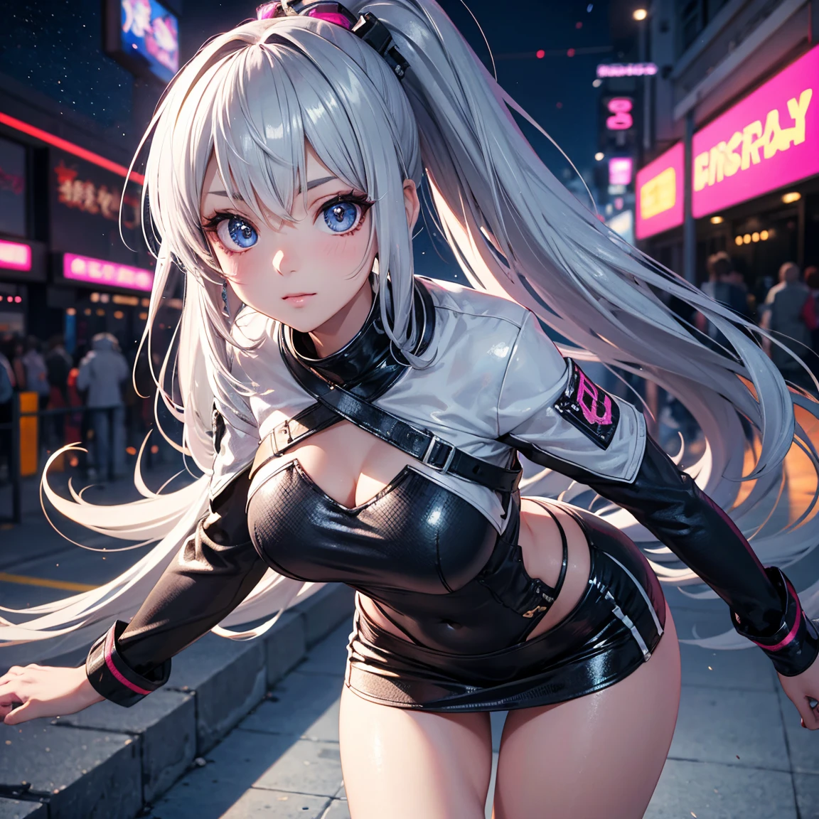 NSFW:1.4、Masterpiece、最high quality、high quality、High definition、High resolution、High detail、Lens flare、Ray Tracing、high qualityのテクスチャー、high qualityの影、Beautiful details、Detailed explanation、Detailed texture、Realistic facial expression、Realistic and colorful、Delicate、Cinematic Light、Side light、Sharp Focus、(1 Female:1.3)、(Intricate detailakeup、Pure Eros Face_v1:0.5)、(Details Beautiful delicate face、Detailed beautiful delicate eyes、Perfect Facial Proportions、Detailed skin、Charm、Detailed chest、Large upward-facing breasts)、Underee-through)、Wet、slender、sexy、High Leg、V-Cut、Fancy Twin Tails、Beautiful bangs、(Lift-up mini skirt)、(Mini skirt soaring in the wind)、(high slit)、Knee-high、Cyberpunk Boots、White shirt、tie、Headphones、Cyberpunk Sleeve Removal、Cyberpunk Belt、Cyberpunk City、Full body photography、Low - Angle、Condescending Gaze、Raise your knees、(Take a deep breath、Work on this image step by step)