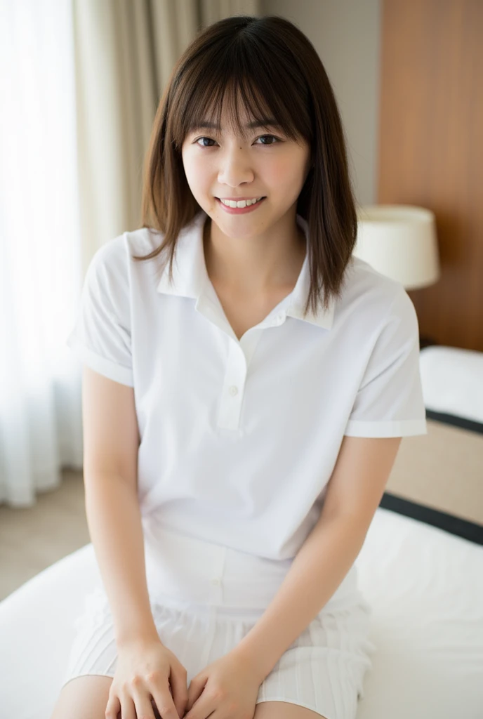 (Masterpiece, Best quality, 8K:1.3), (Ultra realistic, Photo-realistic:1.2), From above, From side, Lying on bed, Seductive pose:1.3, Looking at viewer, Natural light, 28 years old actress, Japanese women, Neat and clean, (Wearing white tennis uniform, White short-sleeve polo shirt:1.2), (unbutton polo shirt:1.3), (White tennis pleated skirt:1.2), White sock, Beautiful thighs, (ponytail:1.3), Short wavy hair, Light brown hair color, (Beautiful Face), Oval face, clear, Beautiful eyes, Kind eyes, Bedroom eyes, (Clear skin), Natural makeup, Small face, Small mouth, Beautiful mouth, Approachable, Hotel Suite room,On bed, Seductive smile, Shy smile,