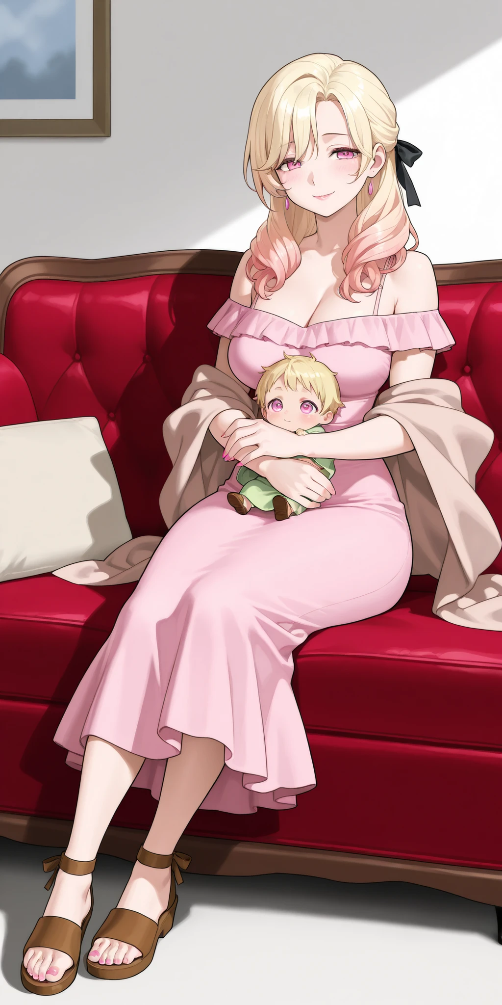 A mature extremely beautiful woman with blond hair, extremely fair white natural skin, big pink eyes, red plump glossy lips, pink nails, a small waist, and a perfect slim yet curvy body. She's only wearing a long ankle-length light-pink dress with spaghetti straps, a light-brown thin shawl draped in an off-shoulder style, hair ribbon, a housewife hairstyle, and brown sandals. She's sitting on a couch, with a soft smile, and carrying a little baby in her arms. Show her full body.