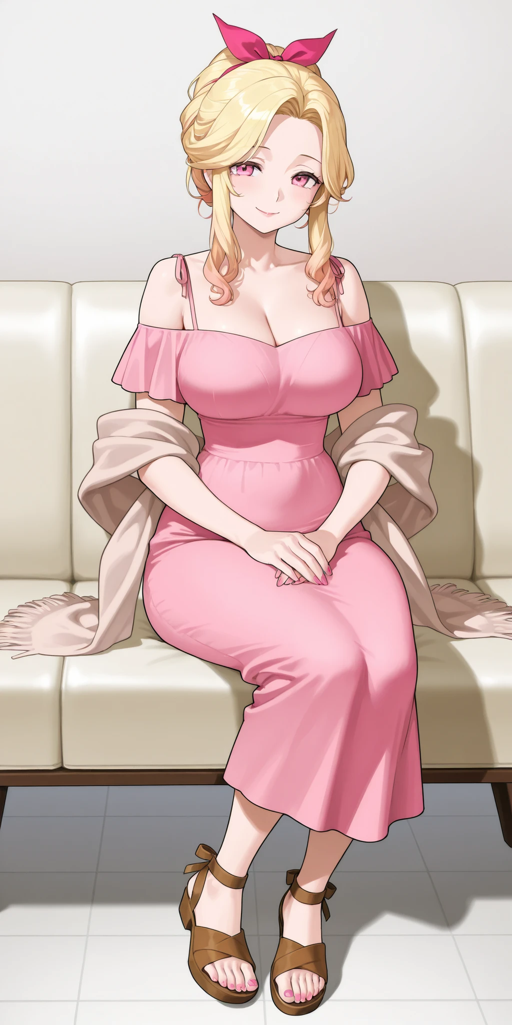 A mature extremely beautiful woman with blond hair, extremely fair white natural skin, big pink eyes, red plump glossy lips, pink nails, a small waist, and a perfect slim yet curvy body. She's only wearing a long ankle-length light-pink dress with spaghetti straps, a light-brown thin shawl draped in an off-shoulder style, hair ribbon, a housewife hairstyle, and brown sandals. She's sitting on a couch, with a soft smile, and carrying a little baby in her arms. Show her full body.