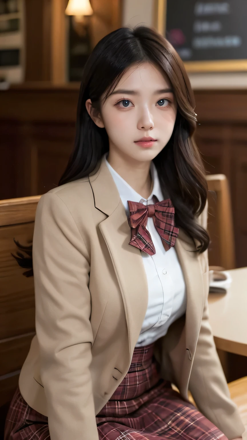 (score_9, score_8_up, score_7_up),(white background), white theme, simple background,, masterwork, masterpiece, best quality, , dynamic pose,, dynamic angle, , , (realistic:1.2), (lineless:1.2), detailed, aged up, adult, depth of field, , blurry, cheekbones, dynamic lighting,
28yo busty girl uzuki_a_xl with brown hair, one side up, long hair, brown eyes, wearing (brown blazer, red bowtie, red plaid skirt), sit in pub
