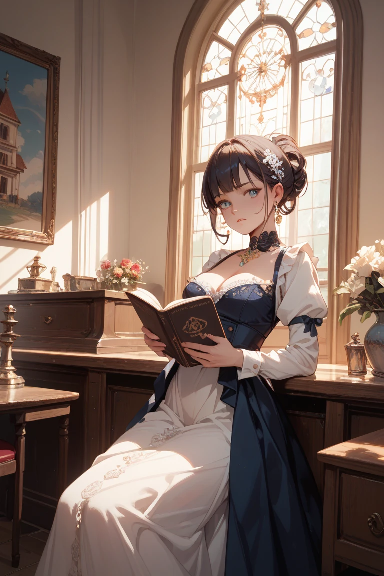 (Best quality,4K,8K,A high resolution,Masterpiece:1.3), Ultra-detailed, Realistic:1.37),hdr,hyper HD,Studio lighting,Ultra-fine painting,Sharp focus,Physically-based rendering,professional,Vivid colors,Bokeh,sportrait,Color harmony,(A young woman in an 1890s Victorian suit:3),20yr old,big breasts beautiful,prette,Marie Antoinette,palace of versailles,medieval times,European Union,((1girl in)),Upward hairstyle,French dress,Inside the garden in the 1890s,Have temperament,gentleness,sitted,Small table,kawa,portraitures