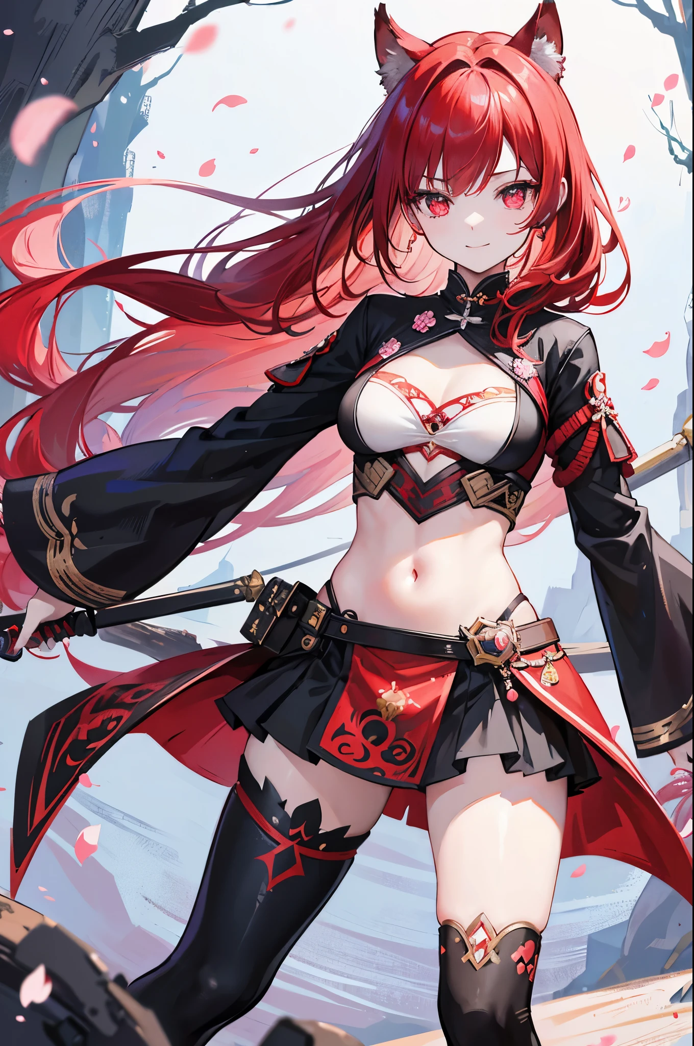 Flat lighting,elevation,sexy,A beautiful woman with supple curves,((Highest quality)), ((masterpiece)), (detailed)One Girl, alone, ((Houshou Marine)), Long twin tails, (Red hair ribbon), Large Breasts, smile, Thighs, pirate hat, Red mini skirt, Belly button、Cleavage、Black knee-highs、Spread your legs,The underwear is black