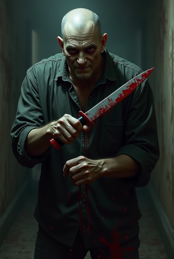 a old man serial killer, face covered in blood, light and shadow room ambience, he's holding a rod, oil painting, reddish tones, chiaroscuro lighting, dramatic moody atmosphere, cinematic composition, masterpiece, ultra-detailed, photorealistic, 8k, best quality