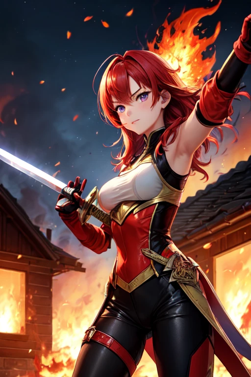 nsfw:1.1, high resolution:1.7, incredibly absurdres, kawaii:1, cute:1.5, hires.fix,incredibly fine illustration,8k,masterpiece:1.2,best quality, high quality, exquisite, beautiful, insanely detailed, intricate detailed, extremely detailed, Super Definition, ultra high res, Super Resolution, best aesthetic, ultra detailed:1.5, best quality, perfect face, detailed face, masterpiece:1.2, illustration:1.2, 8k cg wallpaper, stunning art,Young girl,(red ponytail: 1.2),(hair, Realistic:1),martial arts master,(action pose: 1.4),dynamic angle,sword dance,blue lightning effect,(eye after glow: 1.3),big bright blue eyes,Shining eyes beautiful detailed eyes),serious expression, speedy punch, outdoors,
(Dark purple cyber suit and red microskirt),(((It's torn and her genitals are visible))).torn clothes,broken clothes,white side-tie panties,cameltoe
,(embarrassed),blush stickers,Garter Belt,Bare shoulders,Beautiful breasts,Full body,(Perfect body),((Check out our thru-rack chokers and midi rings with chains,pale skin,Faint lips,embarrassed,Open mouth,