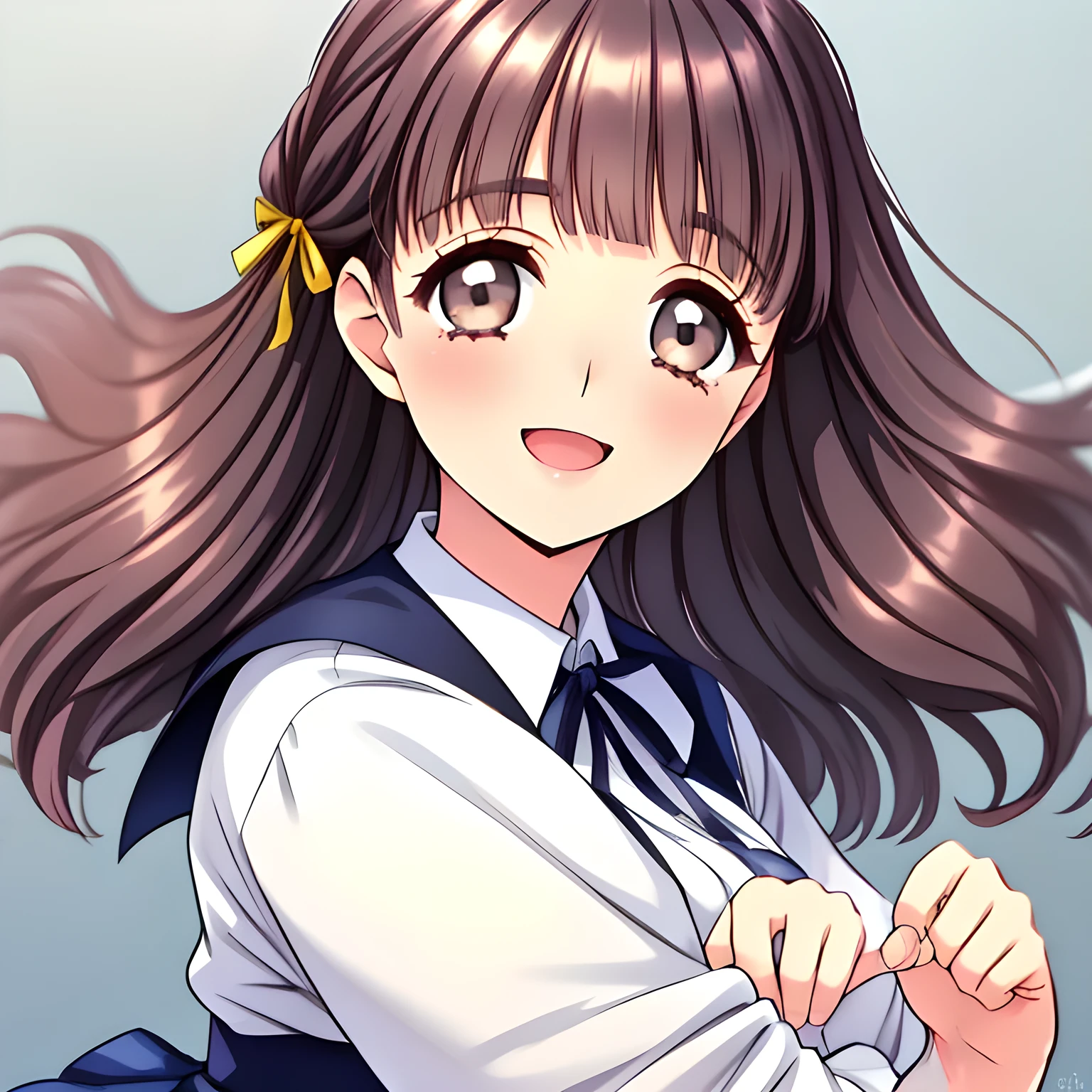 (highest quality, masterpiece:1.2), highest quality, High resolution, 1080p, 8K, (A 20yo beautiful pretty noble succubus of (love-story comic heroines) is playing the viewer like piano, hypnotizing me by their neat beauty, ((looking me up, and requesting me hug and kiss with highest laughter at the side)), (intelligent and perfectly balanced slender style), (long neck), neat & clean, lovely strong charm, cutely tilted head, 8), (Too noble beautiful lady like a love-story comic heroine), (laughing like watching a comedy), A very lovely, very noble, pretty and pure beautiful girls. ((neat innocent ears)), ((white grown face)), Using expensive whitening cosmetics by cosmetics artist: 1.2), Glossy lips, (curled) bangs, (Too beautiful blue fascinating shiny (double-lidded) (brown eyes) with love to the viewer, ((deep upper girly eyelid)), ((huge eye pupils)), laughing with detailed clearly: 1.5), (((Dark blue vest school uniform)), (Neat smart (white school blouse))): 1.8), (A very neat, ((realistic), (dark-blue) pleated blue school (beautifully checkered) skirt): 1.6), (too pretty shiny big (red realistic school ribbon tie)): 1.5), (Shiny love-story heroine lips, extremely laughing open mouth: 1.0), ((amazingly beautiful black bobbed wavy hair is blowing in the wind: 1.5)), (Hair Ribbon ties (black hair), The ribbon is big and very pretty), (Tight waist, slender: 1.5), (The background is (plain black space) to emphasize their fascination: 1.8), (The lady knows well about the viewer's super fetishism for school uniforms, and satisfies it completely in the viewer's lewd dream: 1.7), (Gorgeous atmosphere In a train limited for beautiful girls bound for girl's school directly early in the morning: 1.5), (Everything is organized to have strong effect of hypnosis for the viewer to fall into happy dream with many beautiful girls: 1.5), (The viewer must be transferred to the world of only beautiful girls right now when he sees the eyes of girls in this picture: 2)