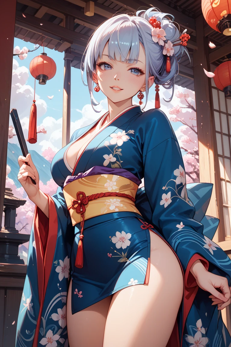 masterpiece, best quality, short ponytail, kimono, red bra, big breasts, aqua hair, temple, looking at viewer, shy, red panties, skindentation <lora:tamaki-000018:0.5> <lyco:hamichichiB:1.0>