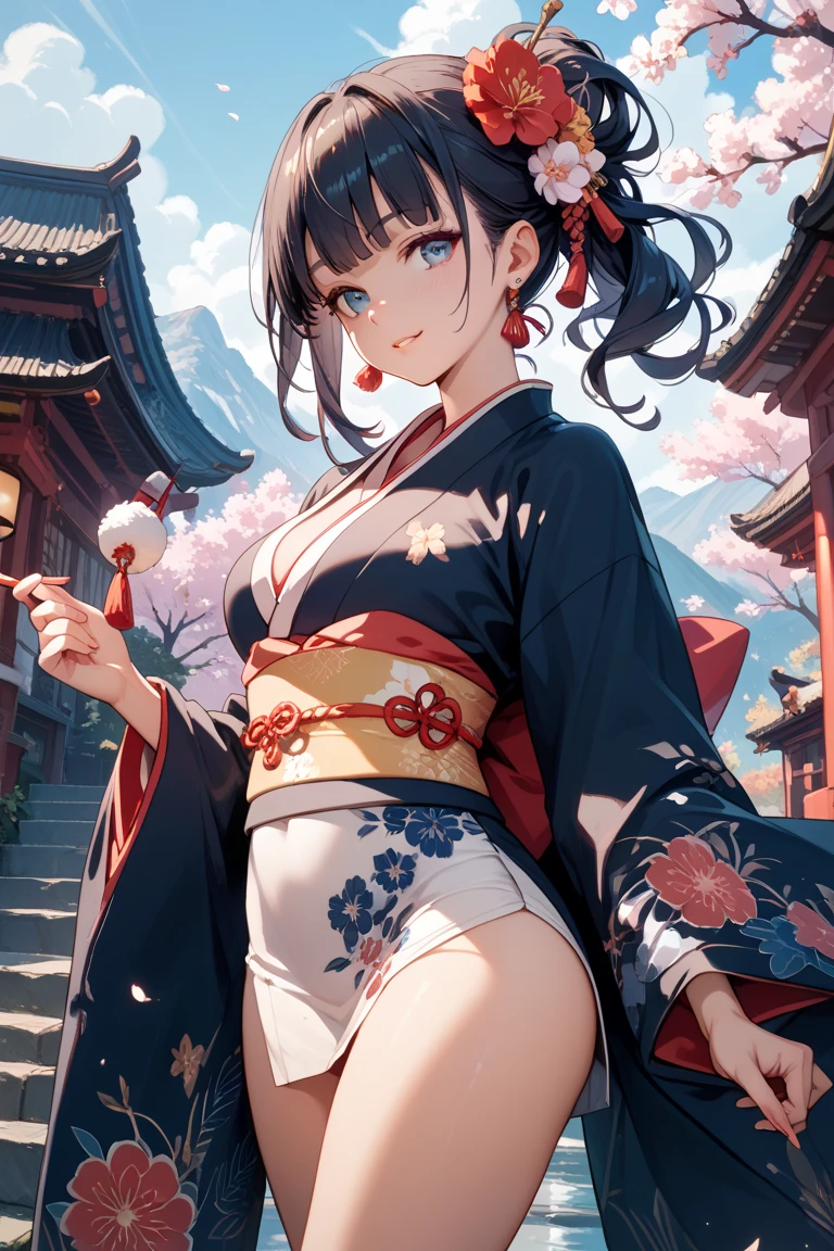 Masterpiece, super high quality, super detail, perfect drawing, beautiful girl in loincloth, Japan outfit, shirtless, bountiful breasts, back appearance, cute face, loli big ass, looking back with a cute smile, 3 sizes B95W60H90, Beautiful Girl, Samurai, in yukata, Black Ponytail, Hair tied up with a large red ribbon, Equipped with two Japan swords,blush (0.2), night view, coolness, scenic,elegance, beautiful background, accurate drawing, detailed drawing
