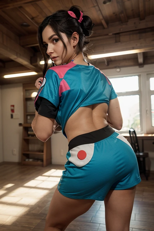 high quality, masterpiece, indoors, dojo, facing forward, thick thighs, six pack, dominant, confident, bea \(pokemon\), bow hairband, print shirt, tied shirt, black bodysuit, tight bodysuit, bodysuit under clothes, single glove, print shorts, knee pads, barefoot