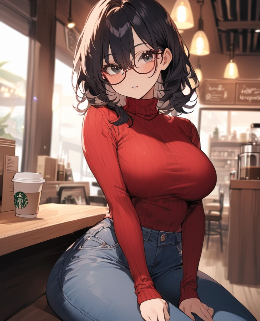 Curvy body, 1 girl, standing alone, chestnut hair, ssmile, looking to the down, swimsuit, Eyes red, cups, detailded , pants, waist belt, thick thighs, shorth hair, Bblack hair, white shirt, black pants, KelvinHiuArtist hair ,flat-colors, ,outline,