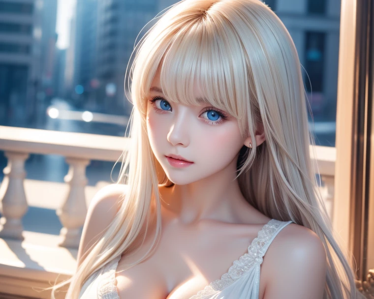 Golden shiny hair、Super long straight silky hair、Dazzling blonde super long silky hair、20 years old cute little beautiful face、A beautiful girl、Sparkling blonde dancing in front of a pretty face、Long, silky bangs that cover the space between the eyes、Very beautiful, bright, large, light blue eyes、Very big eyes、Hair that hides the face、Sexy pretty young woman with super long bangs、Very white skin、Cheek gloss highlighter、Small Face Beauty、Round face、Cute Shirts、Ample Bust 、pink small nipples