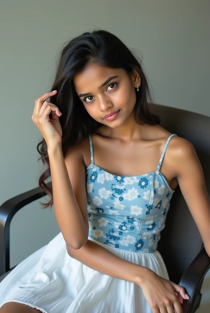 A beautiful 15-year-old cute little girl wearing a short tight dress, legs exposed,sitting poses, she is Sri Lankan, she has long black hair,big aas