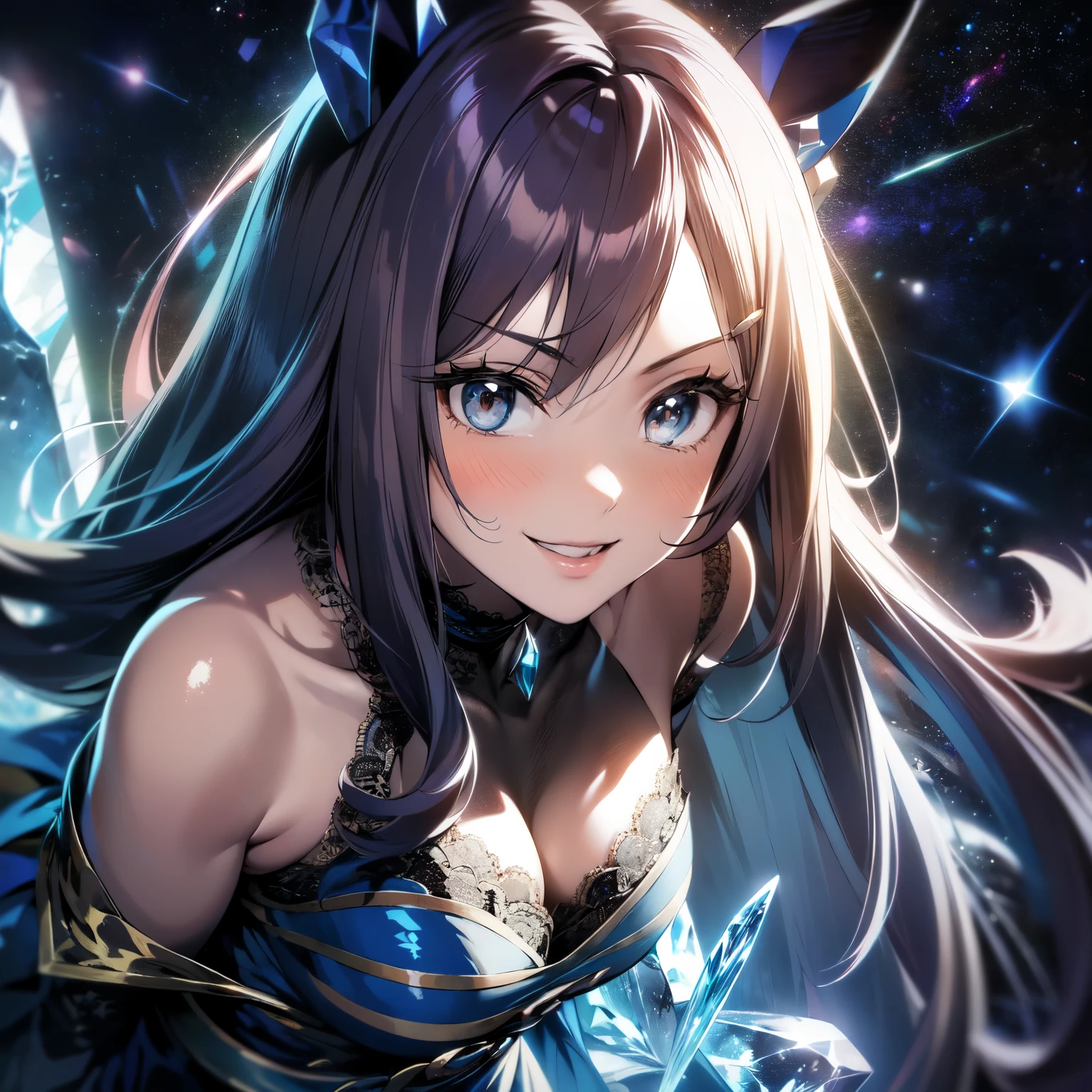 (Solo: 1.5), (Young human girl: 1.5), (Horse ears), (Large breasts), (Looking at camera), (Smiling sweetly: 1.5), (Long black hair), (Hair blowing in the wind), (Dark blue lace dress: 1.9), (Black pantyhose), (Leaning forward: 1.5), (Dark background, crystal, crystal space, starry sky: 1.5), (Strong wind), (Accurate human anatomy: 1.5), (Animated illustration: 1.5), (Excellent, high quality, high resolution), (Upper body focus: 1.5), (Close up of head to torso: 1.5)