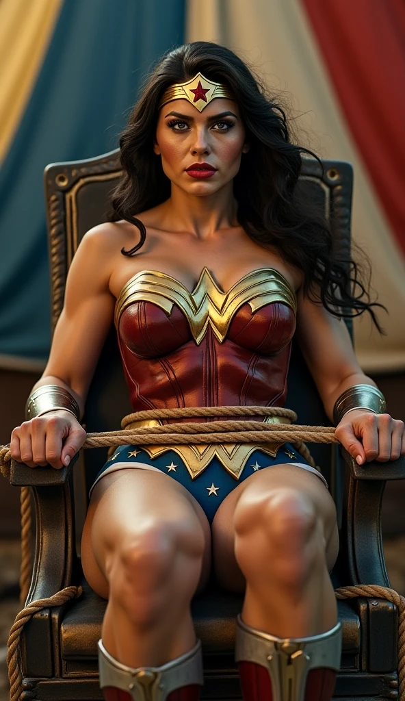 Wonder Woman Peeing herself while tied with her hands above her head