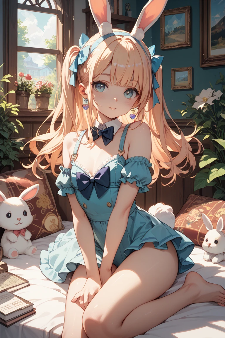 1girl、（masturbation、NSFW）、laughter、light blue dress、white apron、blonde hair、ribbon、clock、wonderland、（small breasts）、movement、no pants、show your chest、(pull your panties down to your knees,NSFW),SEX,masturbation、Pee、dildo、spread your legs wide、On your back、hymen、Open your with your fingers、blowjob、