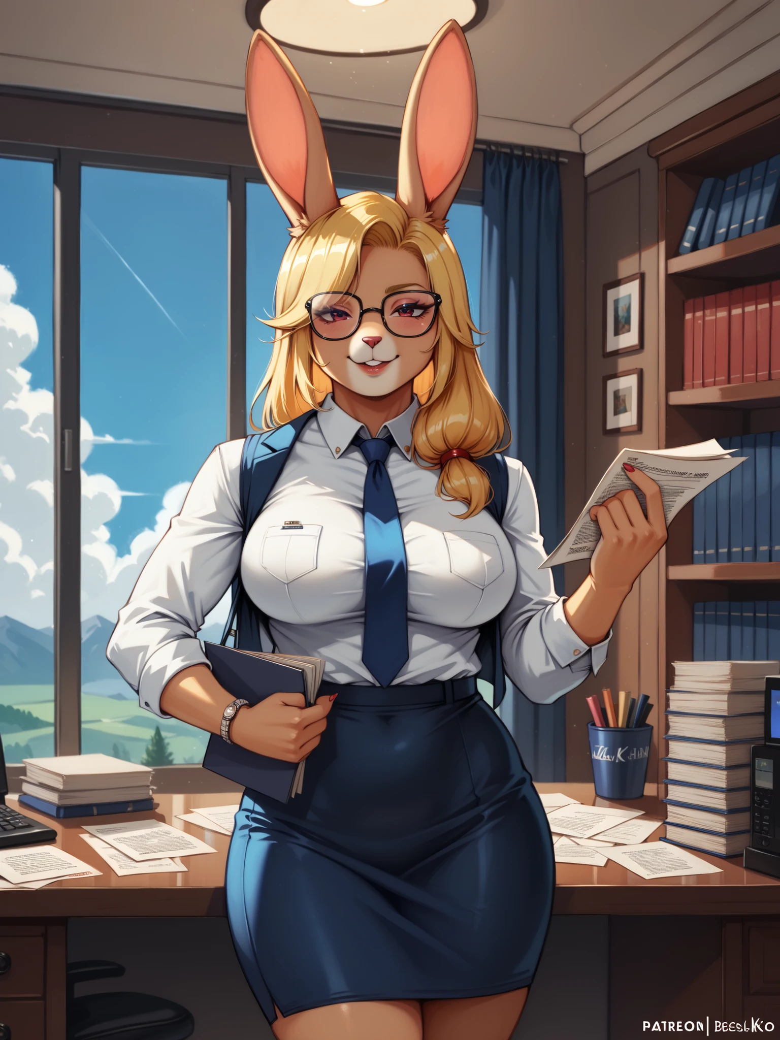 (masterpiece, center), amazing quality, very aesthetic, Absurds, highres, newer, HDR-10, 8K, cinematic, professional photo, a chic, Rabbit girl, animal ears, Blonde ears, Blonde tail, (((Captain Bokko))), wonder 3, amazing 3, black hair, white fur, big breasts, (Petite but curvaceous), alternative costumes, office lady, office suit, skirt, glasses, Alone , (((seductive expression))), (((neckline))), open-mouthed,  holding papers, office, landscape, detailed background, subsurface dispersion, translucent, brilliant, SSS, ambient lighting,  atmospheric haze , Illusp0s , (super quality:1.2)