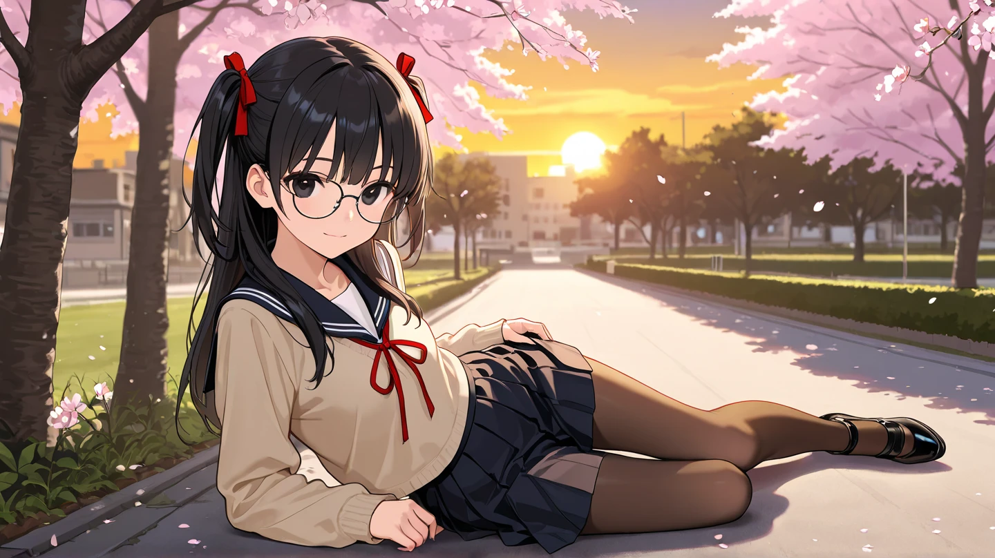 ((( masterpiece, highest quality))), ((girl)),、Browsing Caution、at close range、cute、black hair、glasses,Long Hair、Curly Ponytail、White Blazer、Checked skirt、Put your hands on your ??????：1.4、Knee socks vibrator thighvibe, Black lace panties、Life、anger、anger look、anger、((close)), ((Blushed)),,,Sweat、Perfect lighting、Natural light、Perfect composition、school gate、cherry blossoms
