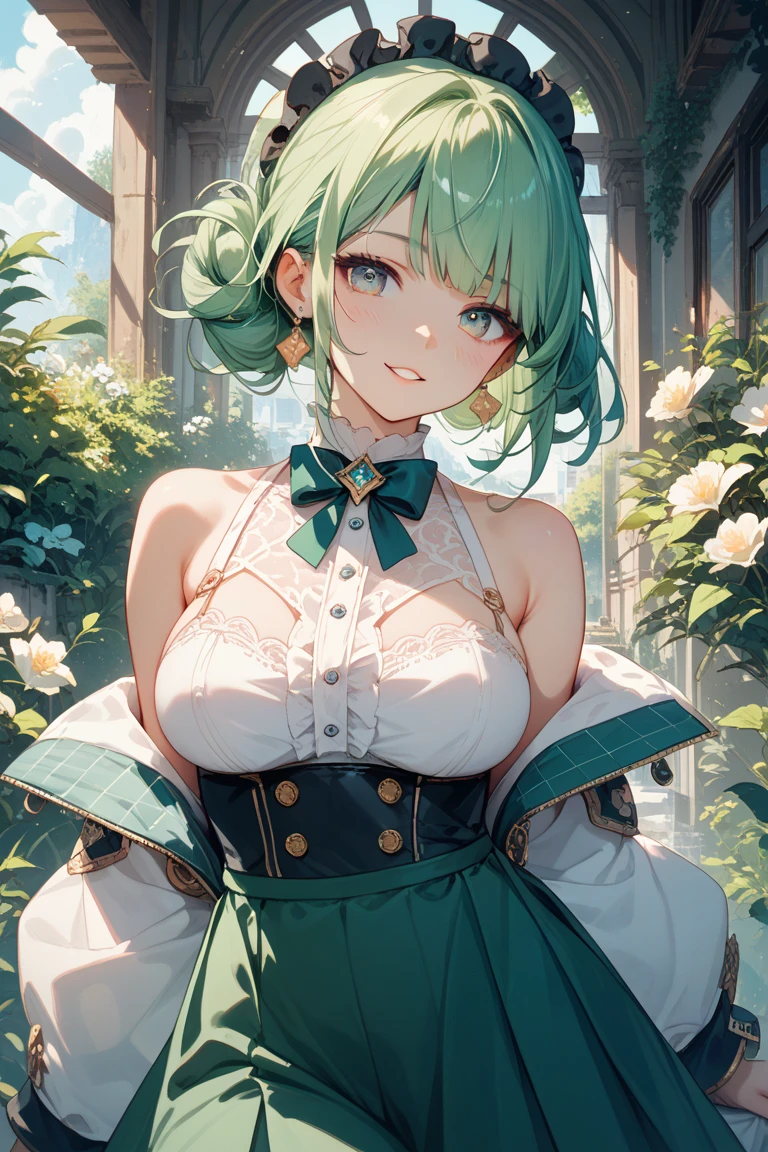 Green hair，short detailed hair，bit girl，10years old，Overlooking，年轻，blue color eyes，bshoulders，鎖骨，Close-up，cleavage，(Off-the-shoulder outfit1.2)，libraryai，(white  skirt)