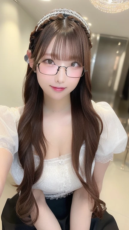 (Best quality, masterpiece, detailed), (RAW, 4k, hd images), 1 girl, 17 years old, white skin, long hair, ponytail, layers hair, bangs, black hair, beautiful girl, cute girl, sweet girl, pretty girl, perfect girl, perfect body, pretty eyes, blue eyes, thin lips, (eye line, lip soft), perfect round breast, glasses(detailed frame), simple background, smile, thigh, legs, cardigan, full body, modeling pose, free style pose, random angle capture