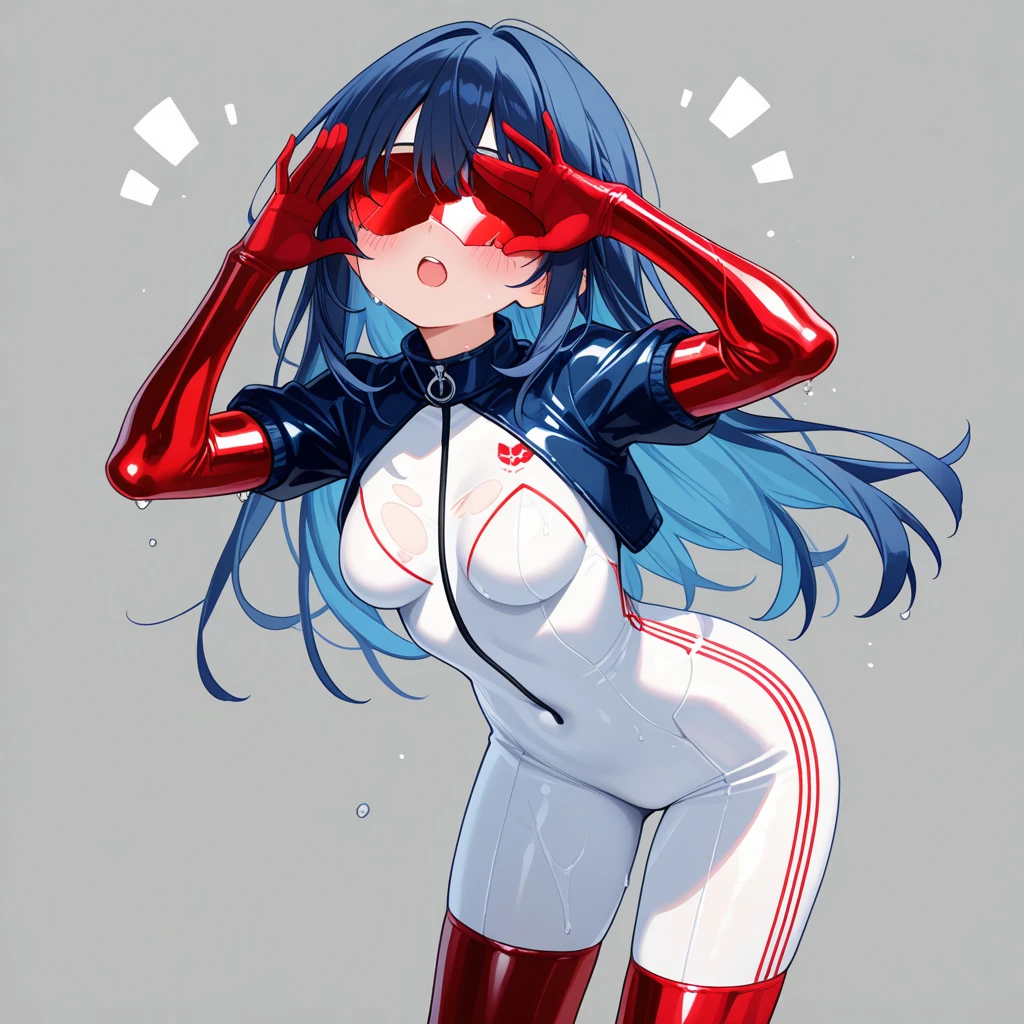 ((Girl 1, side ponytail, multi-colored hair, beautiful red eyes, calm features)) ((Red suit, single eye lens))،(Highly detailed CG,module,8K wallpapers)،(Very delicate and beautiful,)،(Top Jude) ،( high-resolution)،((Beautiful lighting, realistic shadow, high resolution, detailed skin, highly detailed, detailed faces and eyes, realistic eyes, cowboy shot))