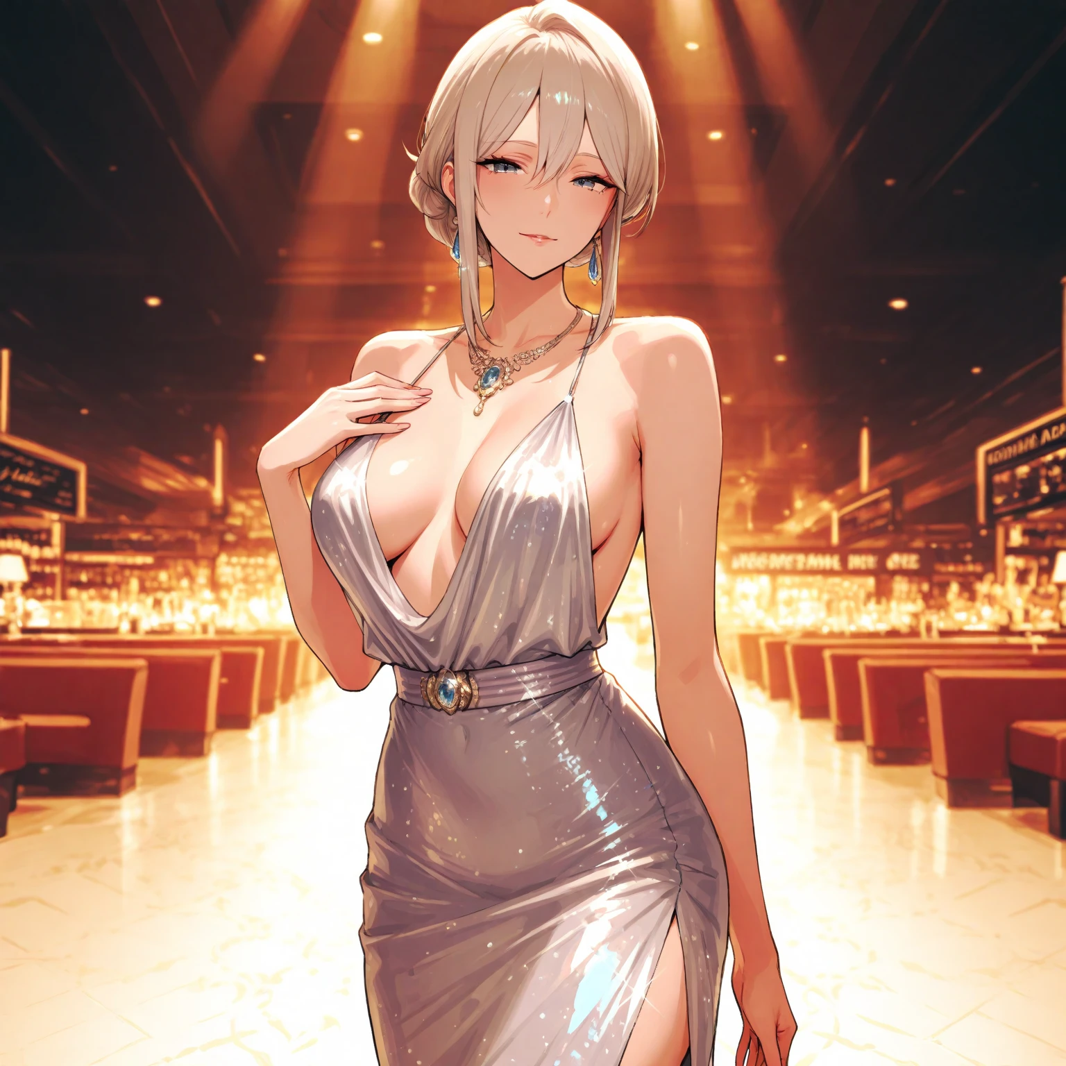 sovetsky_Soyuz, grey hair,messy hair bun, choker, necklace, bracelets, earring, bare shoulder, thighs, black dress, luxury dress, thigh holster, high heels, large breasts, cleavage, first rate breasts, grey eyes, sharp eyes, Long eyelashes, symmetrical eyes, eye shadow, ominous vibe, expressionless, smug, Smirking, anime, aesthetic, Anime screenshot, Ultra quality, UHD, high detail, night, ballroom, champagne, party