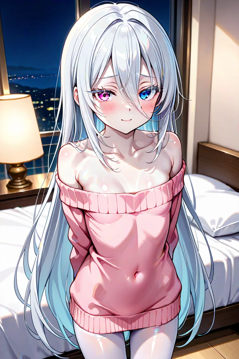 My sister masturbates while sleeping on the bed in a high-rise apartment in Tokyo late at night.、You can see the real and beautiful night view of Tokyo outside the window.、It feels good and I close my eyes、she has her right hand in her crotch、She is fondling her breast with her left hand、She has her crotch spread、not big breasts、slender、small breasts、modest chest、public hair visible、Completely naked、nude、Loose, medium-long hair of white color with an accent of red.、I can&#39;t see her clothes、blue eyes