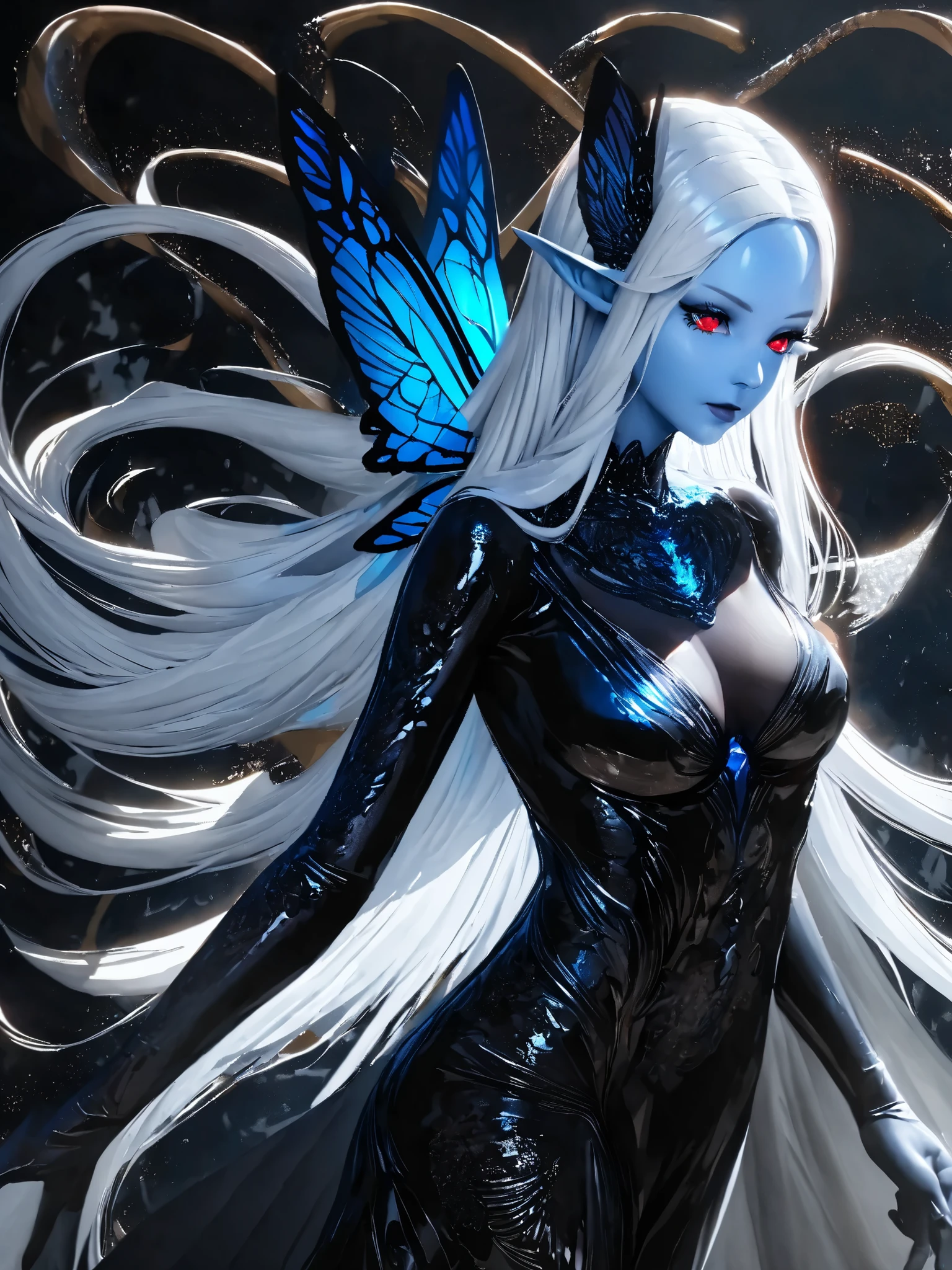 The secret realm of the dark underground dimension,Blueberry Pudding Protective Film,Elf marble art statue,the angel's wings,platinum glow,Masterpiece Sams,shocked expression,movie close-up lighting,slender posture,Slim marble pinstripes cover the body,Kazlan’s pretty face,Rococo art,light blue marble skin,sweat on her body,.detailed eyes, detaield hands, detailed face, elf woman, full body