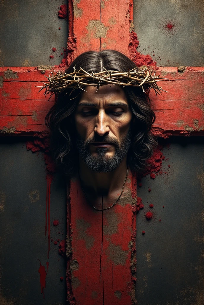 Jesus on the Cross, ((crucifixion scene)), ((realistic depiction)), ((biblical scene), Front view, focus on face, high contrast lighting, detailed wooden texture of cross, intricate crown of thorns, blood stains on body, brown robe, hands and feet bound, deep sadness in eyes, intense emotion, centrally framed, masterpiece, highest quality, photo-realistic, 6k resolution, detailed textures, soft focus, dramatic lighting, fine art print, religious art, spiritual symbol.