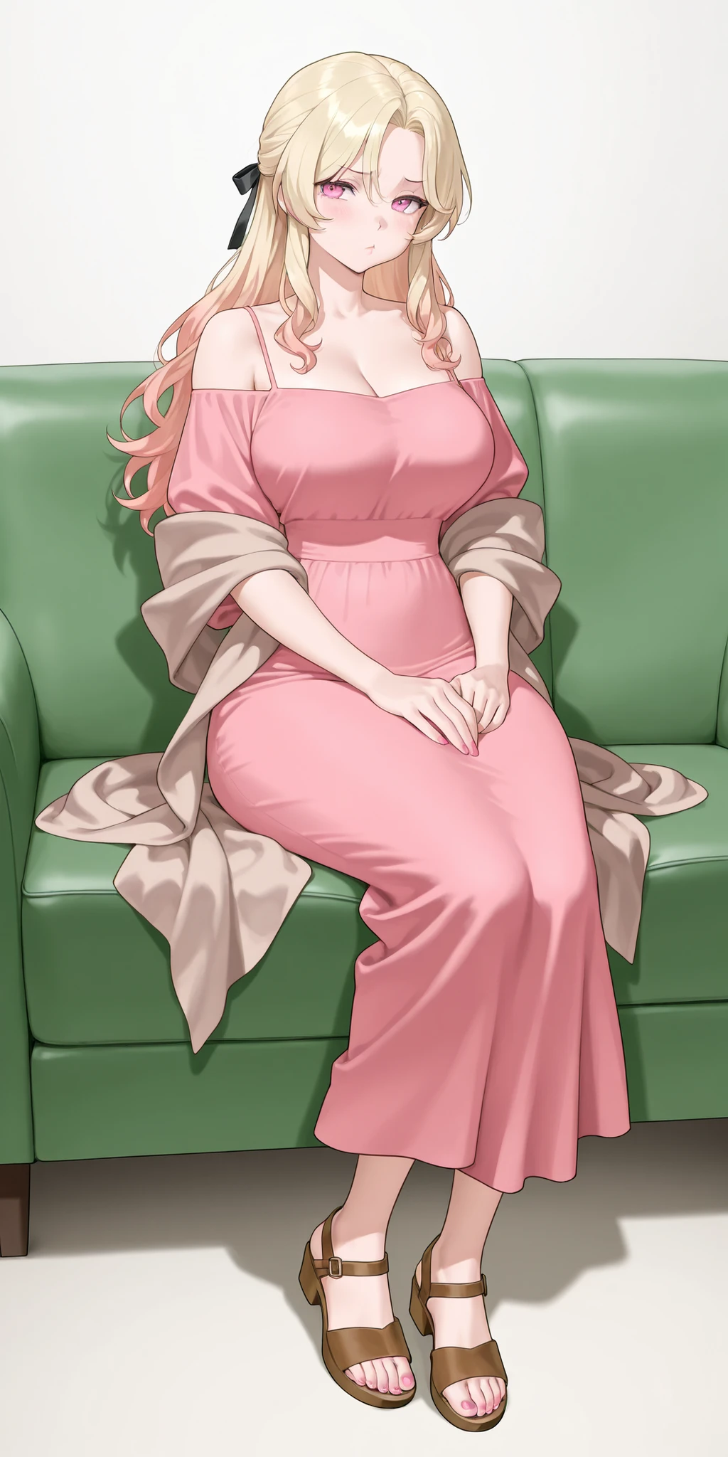 A mature extremely beautiful woman with blond hair, extremely fair white natural skin, big pink eyes, red plump glossy lips, pink nails, a small waist, and a perfect slim yet curvy body. She's only wearing a long ankle-length light-pink dress with spaghetti straps, a light-brown thin shawl draped in an off-shoulder style, hair ribbon, a housewife hairstyle, and brown sandals. She's sitting on a couch, cutely pouting and carrying a little baby in her arms. Show her full body.