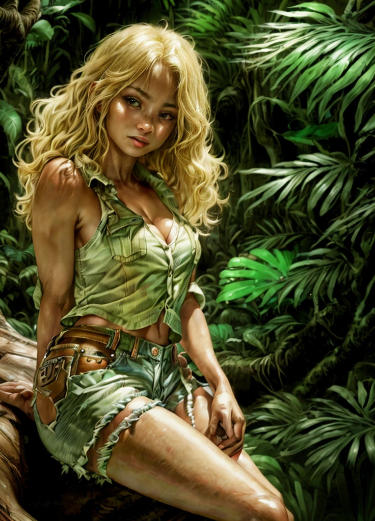 Masterpiece, Ultra extremely detailed, Insanely Definition - quality, 8k, (vibrant colors,vibrant theme), (intricate), full body , NSFW 1 girl, long blonde hair, curly receding hair, big breasts, slim waist, muscular legs, well-defined legs, athletic body, real-looking skin , dark skin tone , real looking iris eyes , snapped short shorts, underboob sex tee , very sweaty, in the jungle doing a trail. extremely detailed skin texture , camera view from above, Grainy Video Film , Natural cinematic lighting,