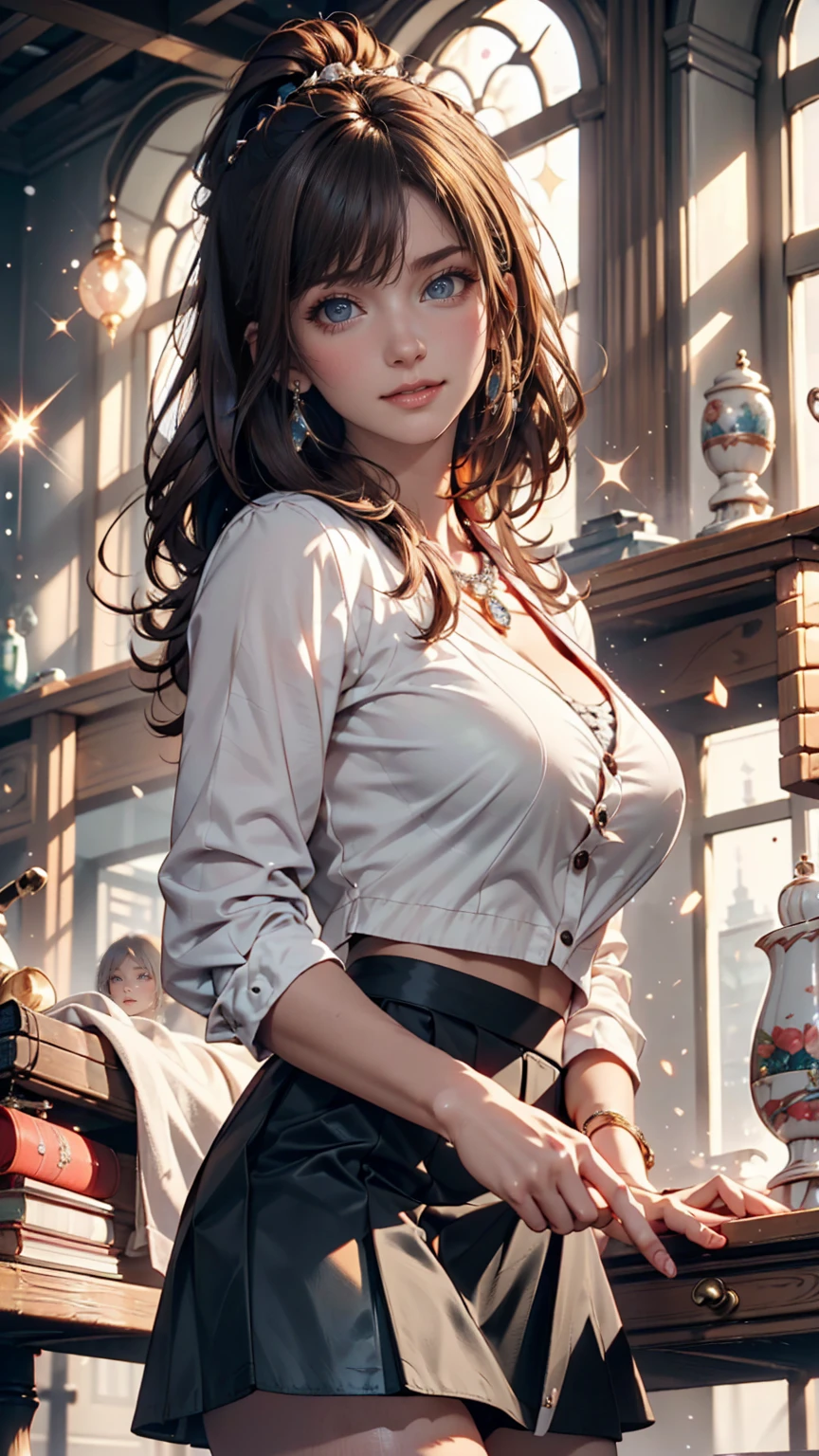(​masterpiece), (top-quality), sunset, natural lights, ,(realistic:1.5), 1girl, long brown hair, slim, looking at viewer, eye contact, stunnignly beautiful 20 years old mexican girl, pirate era, tavern wench, , detailed pirate era tavern in background, corset, short_skirt, shell necklace, tattooos, athletic body, toned midriff, cleavage, unbuttoned silk_shirt, medium breasts, upper body, mid shot, masterpiece, detailed, mature, bright colors, high saturation, stunningly beaufiulf girl, hazel eyes, dark brown hair, wavy hair, tanned, dark skin, caribbean, pirate_era, renaissance_era, enahnced_beauty, precise hands, confident look、snile, inviting expresson, Clear eyes, Shining eyes,, ultra-definition, Top resolution,  soft lightning