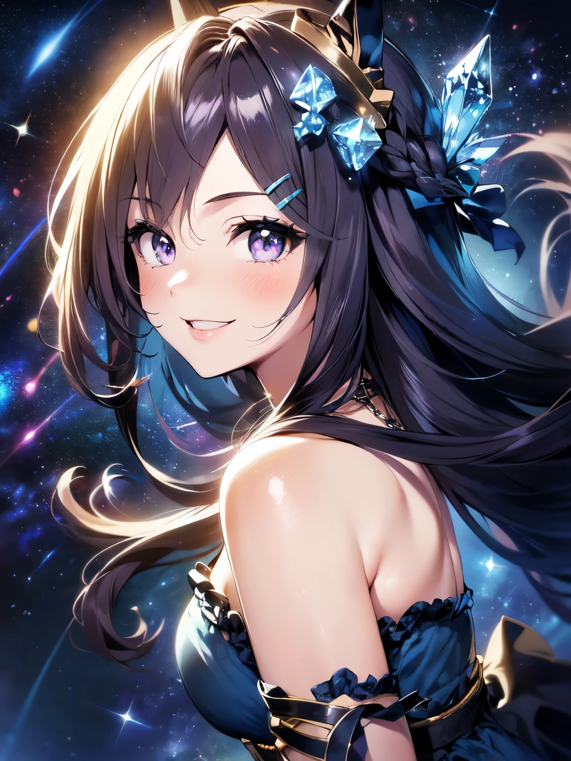 (Solo: 1.5), (Young human girl: 1.5), (Horse ears), (Large breasts), (Looking at camera), (Smiling sweetly: 1.5), (Long black hair), (Hair blowing in the wind), (Dark blue frilly dress: 1.9), (Black pantyhose), (Leaning forward: 1.5), (Dark purple background, crystal, crystal space, starry sky: 1.5), (Strong wind), (Accurate human anatomy: 1.5), (Animated illustration: 1.5), (Excellent, high quality, high resolution), (Upper body focus: 1.5), (Close up of head to torso: 1.5)