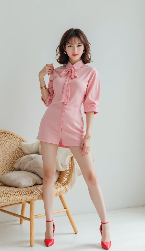 A 16-year-old woman lying on her back in bed wearing a pink skirt and a blouse 