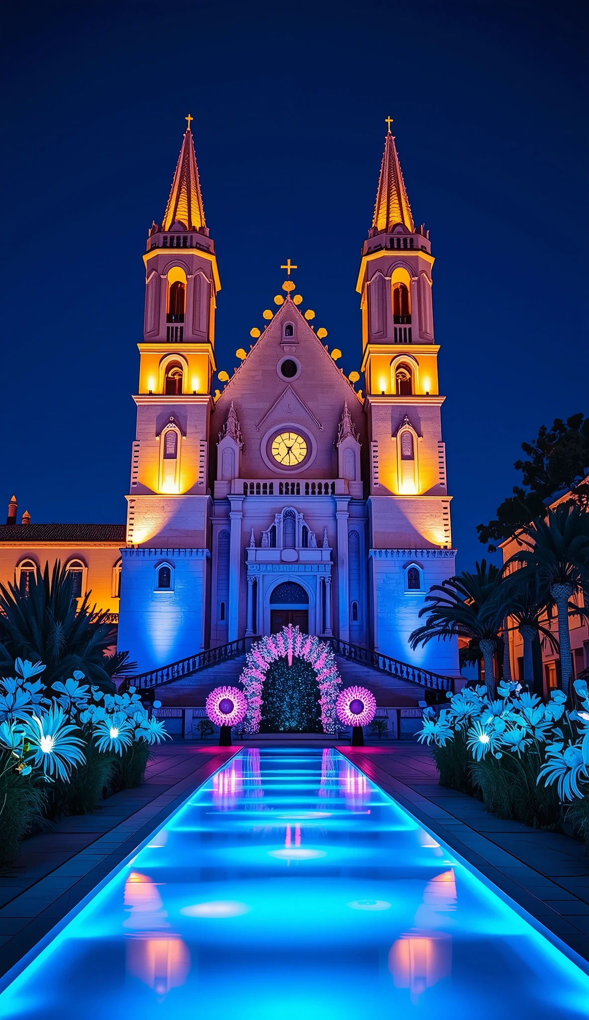 A breathtaking high-fashion event set against the majestic backdrop of La Seu, the iconic Gothic Cathedral of Palma de Mallorca. The scene is illuminated by luxurious ambient lighting, blending warm golden glows with cool blue evening tones. A sleek, reflective runway extends towards the cathedral, surrounded by elegant floral arrangements and modern architectural elements. The atmosphere exudes exclusivity and sophistication, with dynamic spotlights and cinematic lighting effects enhancing the glamour of the evening. The composition is polished and refined, resembling a high-end Photoshop event poster, with a perfect balance of natural beauty, elegance, and cutting-edge fashion aesthetics.
