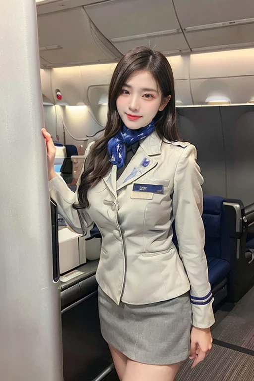 (masterpiece:1.2、highest quality:1.2)、32K HDR、High resolution、(alone、1 girl、Slim figure)、（Realistic style with Starlux Airlines uniform）、 (On board a passenger aircraft, Professional Lighting)、A proper woman, Beautiful Face,、（Starlux Airlines silver uniform:1.4）、（Starlux Airlines silver uniform with short sleeves）、（scarf on chest）、Big Breasts、（Long hair updo、Chignon）、Dark brown hair、Long Shot、（（Fine hand：2.0））、（（Harmonious body proportions：1.5））、（（Normal limbs：2.0））、（（Normal finger：2.0））、（（Delicate eyes：2.0））、（（Normal eyes：2.0））)、Beautiful standing posture、smile