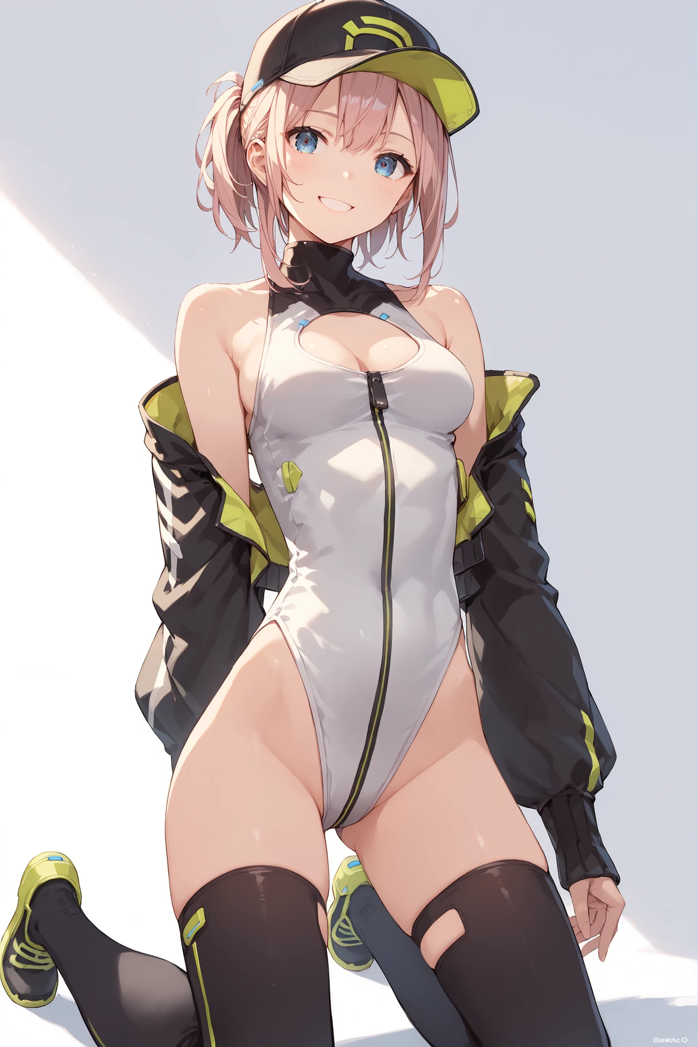 score_9, score_8_up, score_7_up, source_anime, rating_safe, 1 girl, Alone, compAF, Shoulders, kneel, lower back with a cap, smile,medium_breasts,