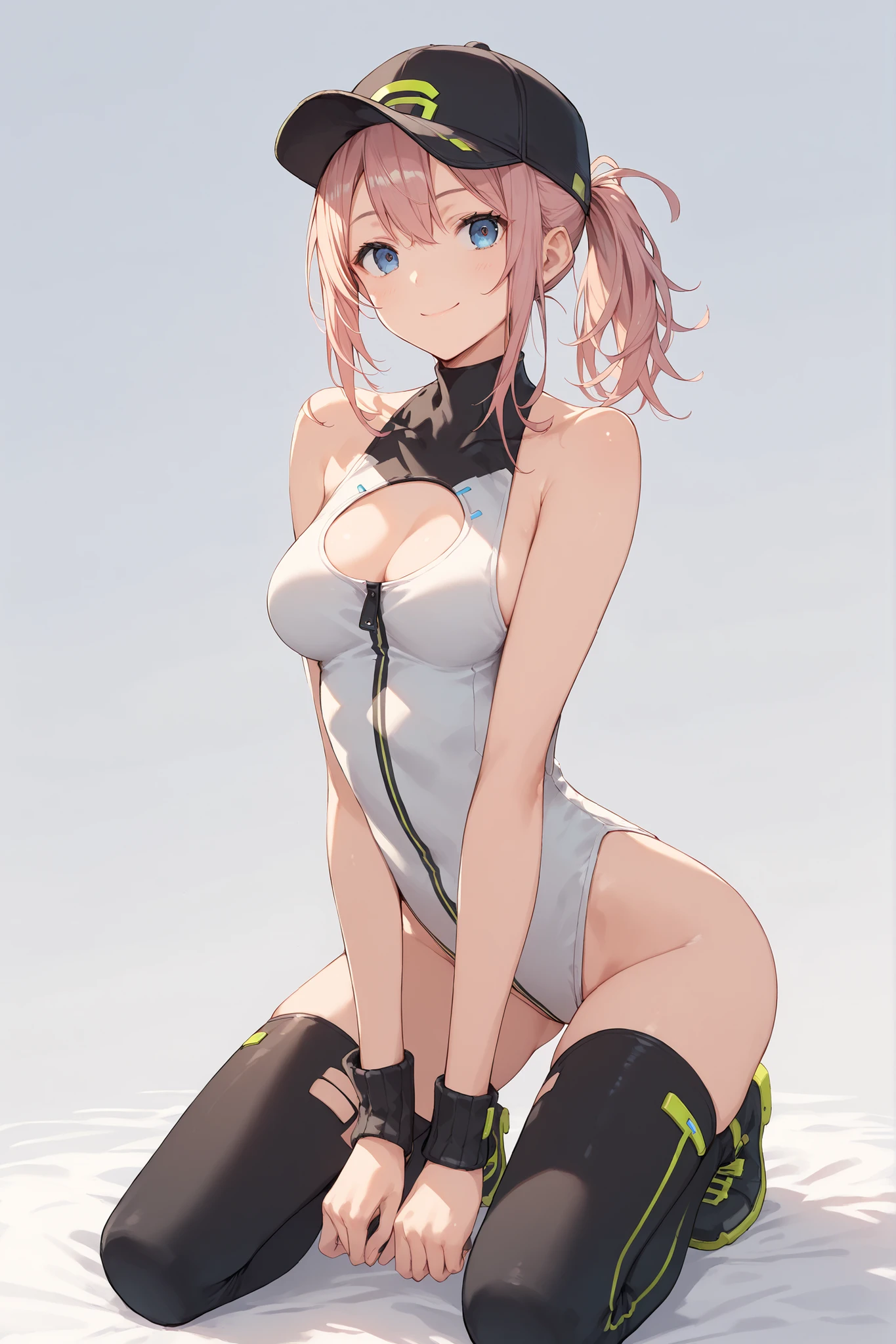 beret, Zinc, cameltoe:1.4, (((long gloves:1.3))), brown loafers, black calf length socks, Open your thighs wide to the left and right, squat on the ground, Show off your crotch to the viewer, ((latex old school swimwear:1.3)), sit, spread your legs:1.3, ((arms behind head:1.3)), absurdes, bob haine hair、flat lighting, elevation angle, sexy pose, highest quality, Complex, surreal, perspective, very detailed, detailed background, figure、1 girl, alone, Common breasts, smile, embarrassing, blush, Poolside, (Sweat),