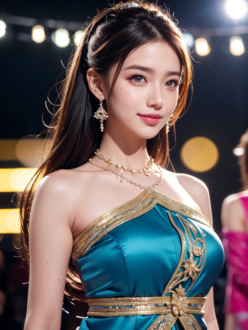 Tzuyu 1, woman, (Realistic), (Hyperrealism), (photoRealistic), Written boundary depth, eye make up:0.7 (whole body:1.8), (Large Bust),(Tight waist), Observe the audience,At the flower garden, Fashion Model, A sexy dress with open shoulders and neckline
